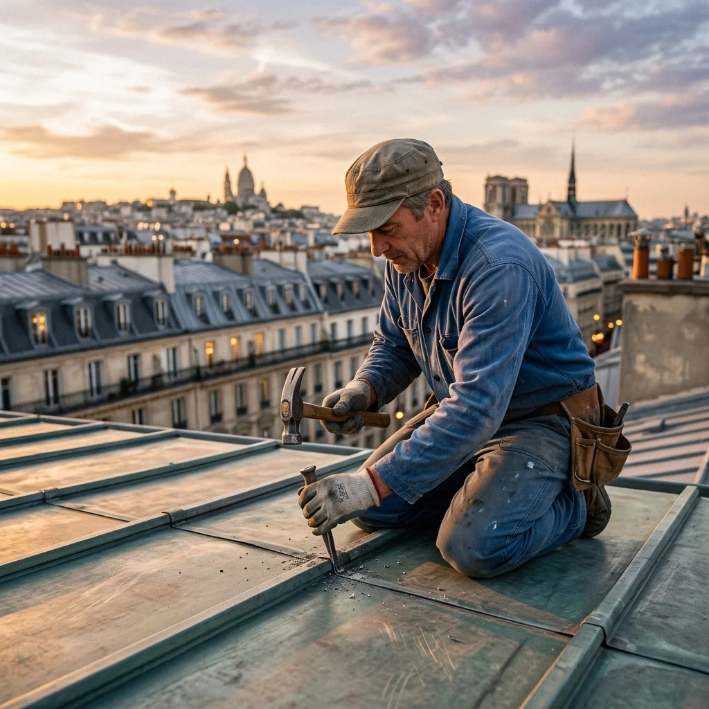 Artisan couvreur réalisant des travaux de zinguerie