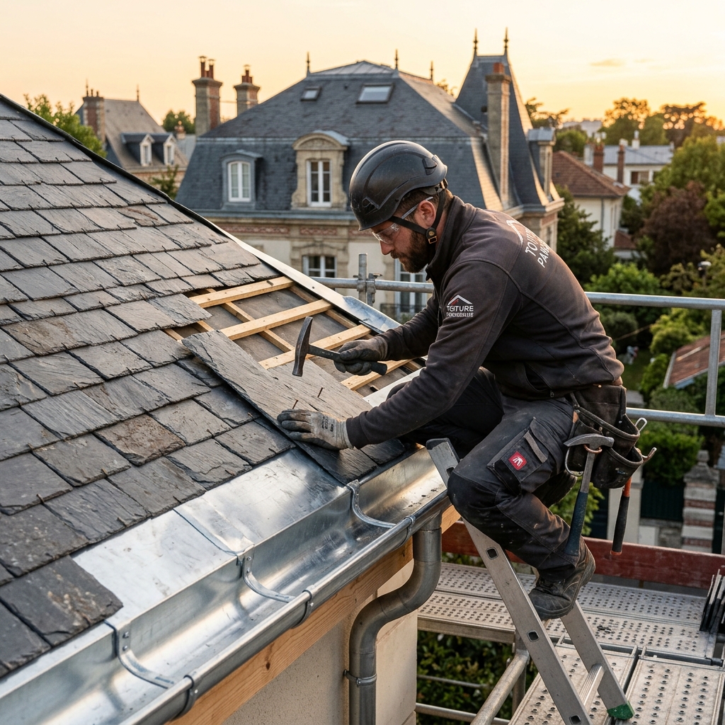 Couvreur Gournay-sur-Marne rénovation toiture ardoise avec gouttières zinc